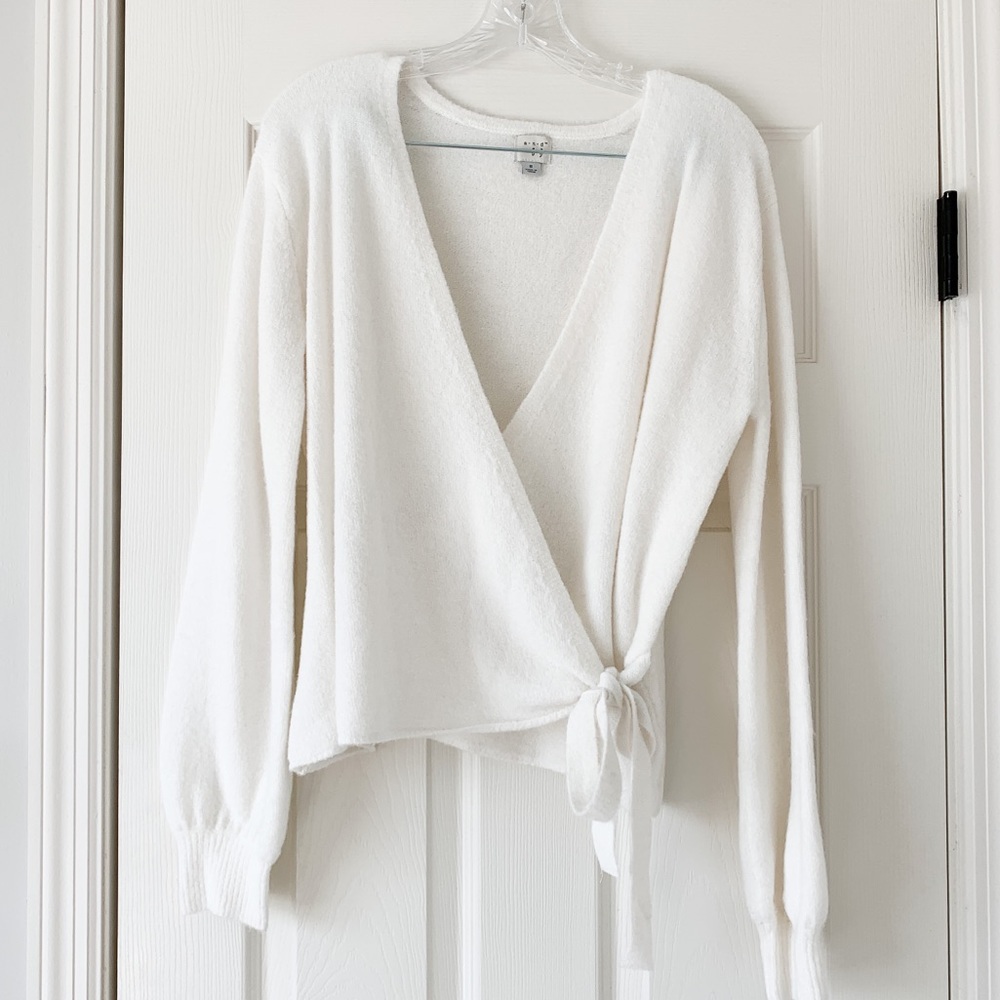 White Boucle Wrap Sweater size small